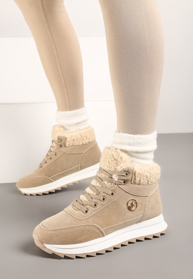 Ciemnobeżowe Zimowe Sneakersy ze Sztucznym Futerkiem Turelia