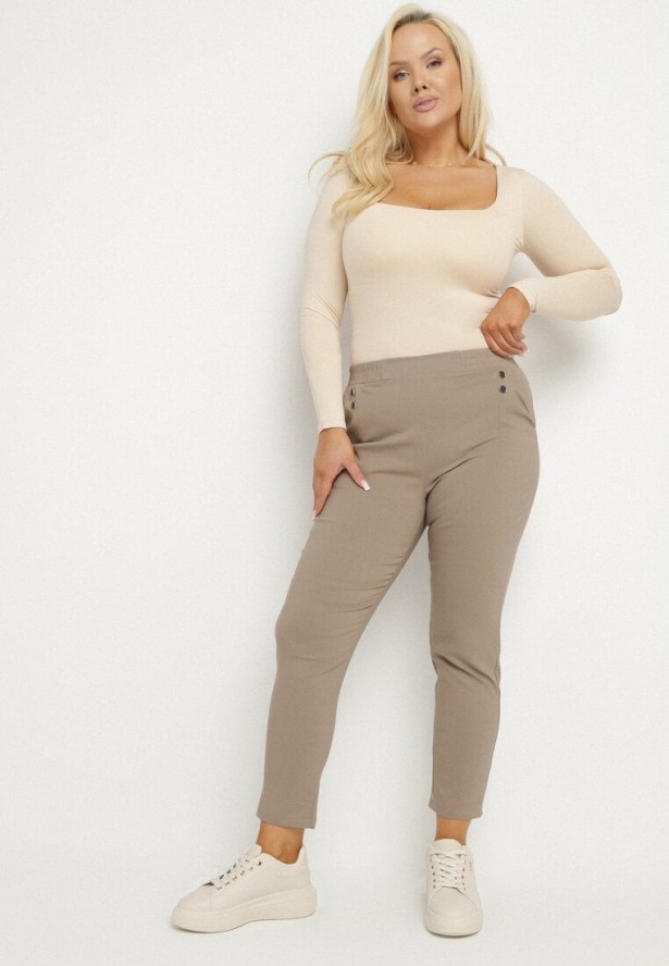 Ciemnobeżowe Spodnie z Wiskozą i Ozdobnymi Guzikami Tenzina