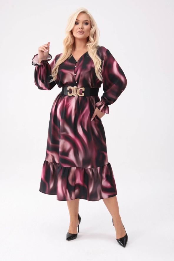 Elegancka sukienka Selena z falbaną o długości MIDI w odcieniach burgundu PLUS SIZE XXL OVERSIZE