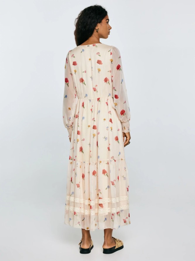 Sukienka damska maxi z motywem kwiatowym kremowa Ester 103