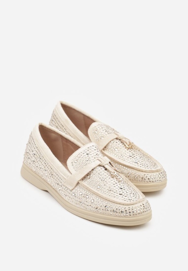 Beżowe Mokasyny z Cyrkoniami i Ozdobami Distantsteam