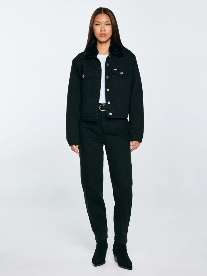 Kurtka damska jeansowa z futerkowym kołnierzem czarna Ramona 936