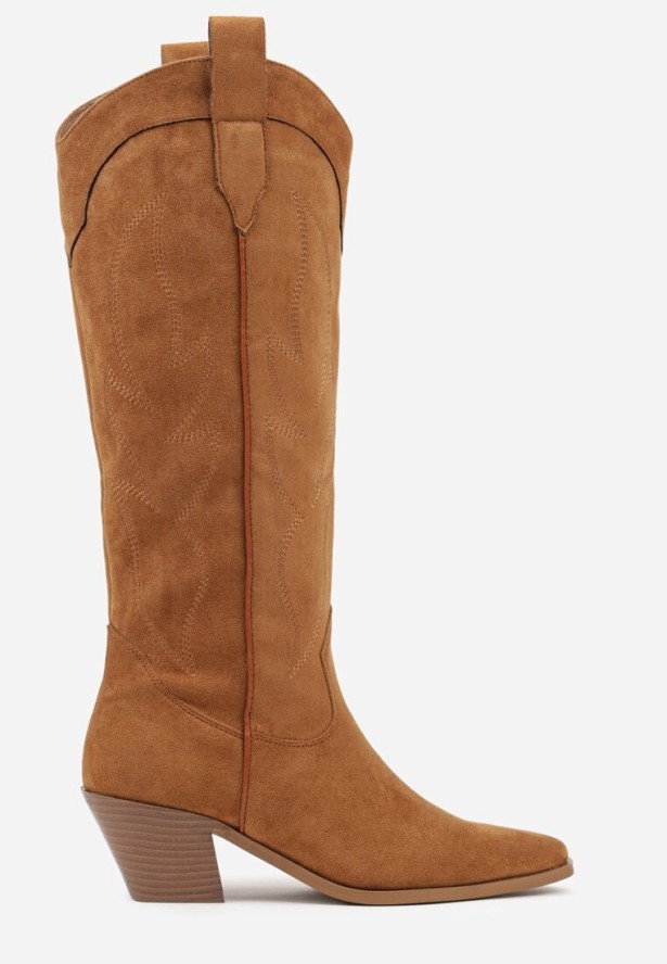 Jasnobrązowe Kozaki Kowbojki na Stożku z Haftem na Cholewce Gallessa