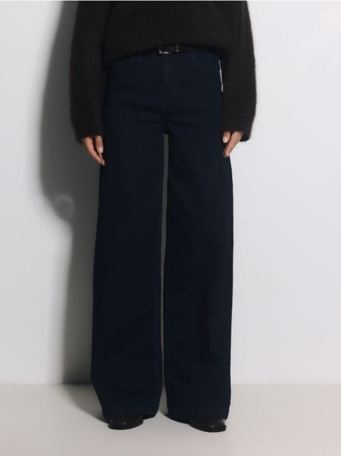 Jeansy wide leg z domieszką wełny - granatowy