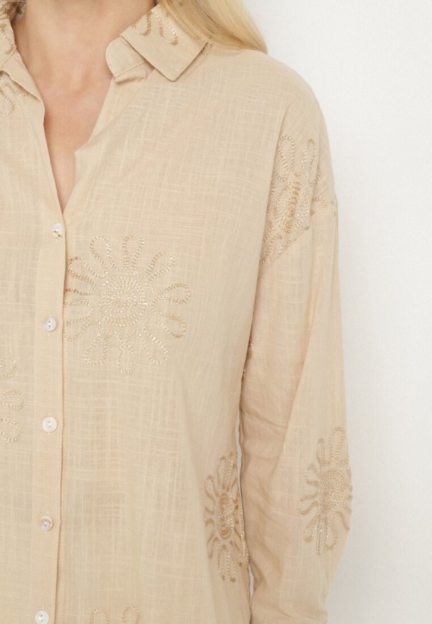 Beżowa Bawełniana Koszula z Lnem Zdobiona Haftem Terkio