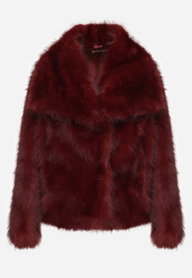 Bordowa Futrzana Kurtka z Szerokim Kołnierzem Merionnie