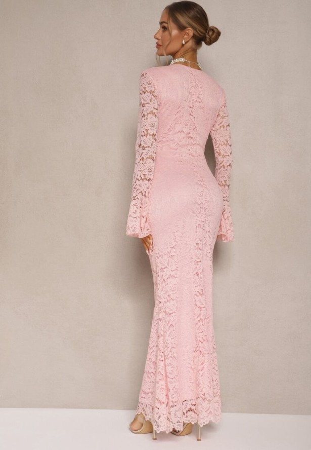 Ciemnoróżowa Dopasowana Sukienka Zdobiona Koronką z Rozszerzanym Dołem Hannalis