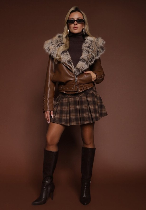 Brązowa Kurtka Ramoneska z Kapturem z Futrem z Możliwością Odpięcia Aplinna