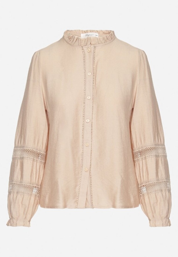 Beżowa Wiskozowa Koszula o Prostym Kroju Zdobiona Koronkowymi Wstawkami Cesinia