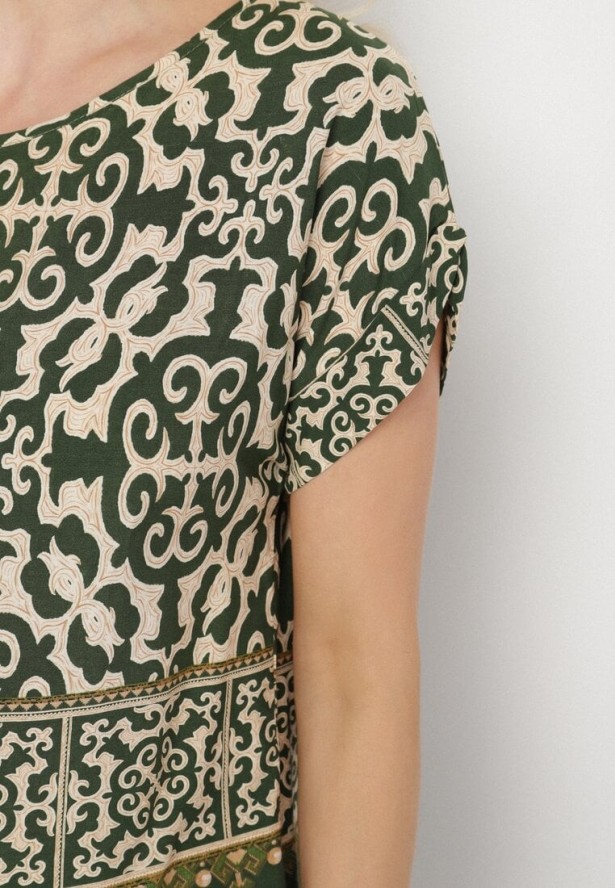 Ciemnozielony Komplet Bawełniany w Ornamentalny Wzór Spodnie i Bluzka Nanirienna