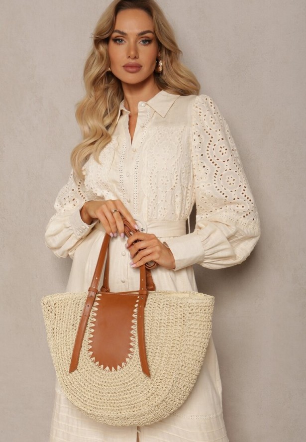 Jasnobeżowa Jednokomorowa Torebka z Plecionej Rafii w Stylu Boho Idarkia