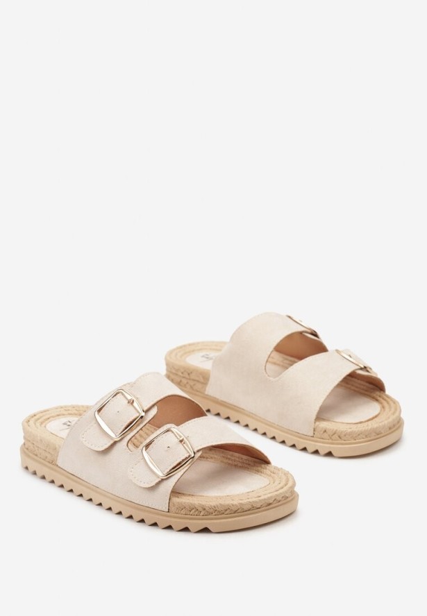 Beżowe Wsuwane Klapki z Ozdobnymi Klamrami na Paskach Iabeaus