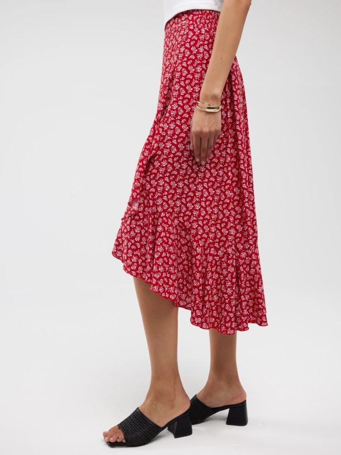Spódnica damska midi z wiskozy z falbaną czerwona Tyla 603