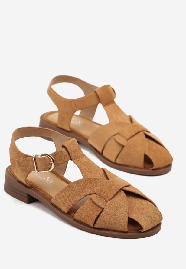 Brązowe Sandały Ozdobione Geometryczną Cholewką Saruvira