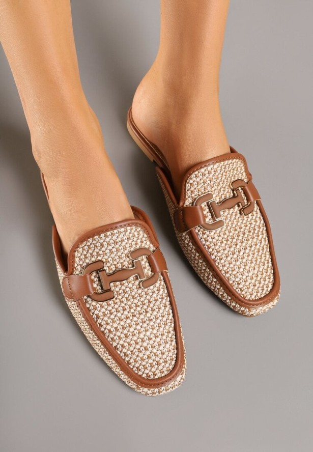 Brązowo-Beżowe Tweedowe Klapki Mule z Eleganckim Zdobieniem Sonarena