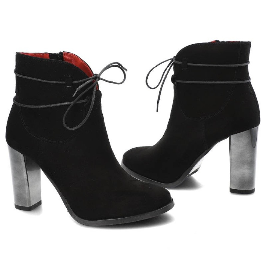 Czarne Botki Karino Eleganckie Skórzane Buty Na Obcasie