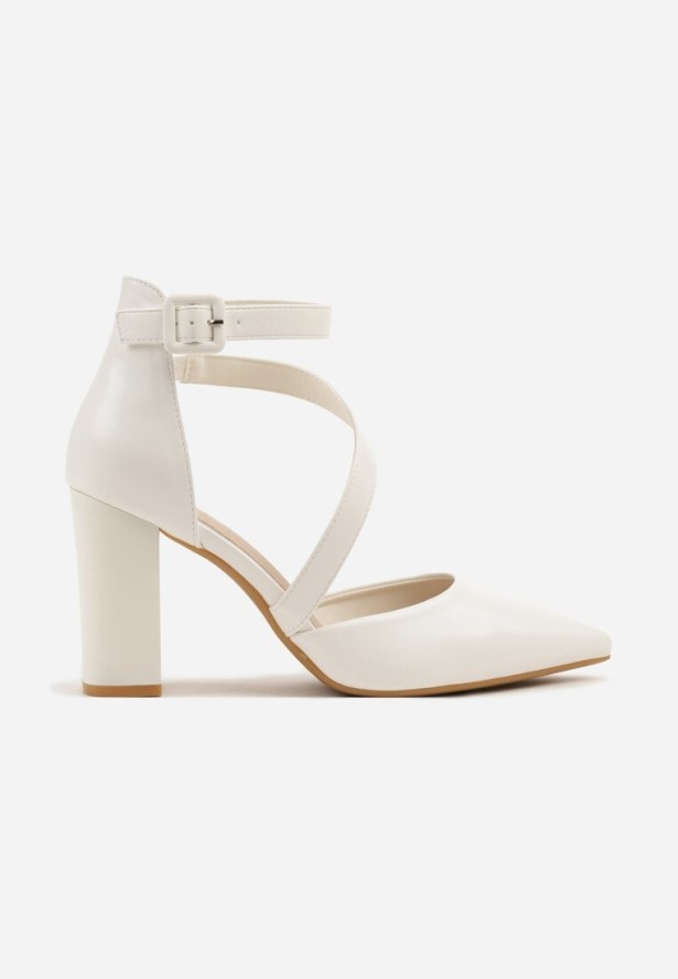 Białe Czółenka na Obcasie ze Skórzaną Wkładką i Ozdobnymi Paskami Sopolene