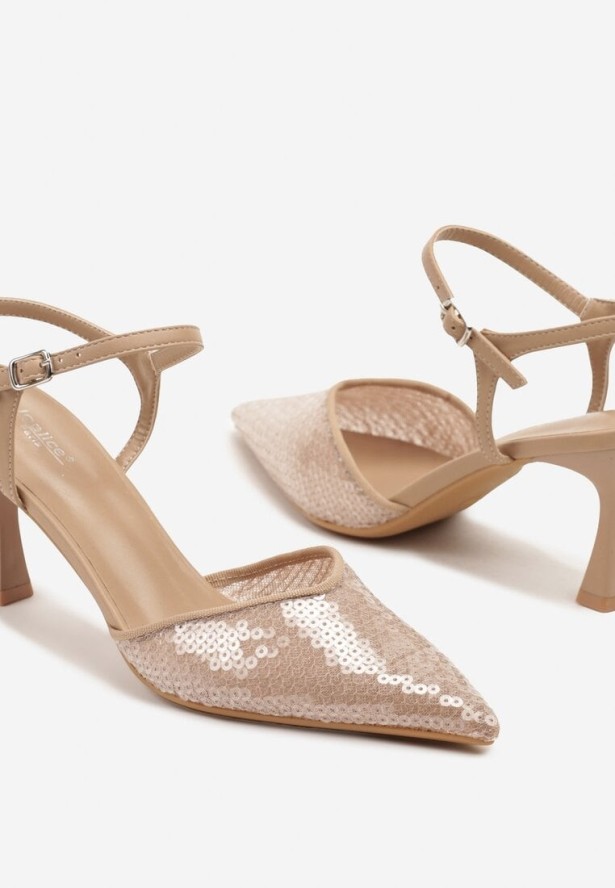 Beżowe Sandały na Szpilce Ozdobione Cekinami Ulanilia