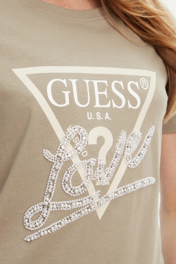 GUESS Zielony damski t-shirt Pearls Love, Rozmiar XS
