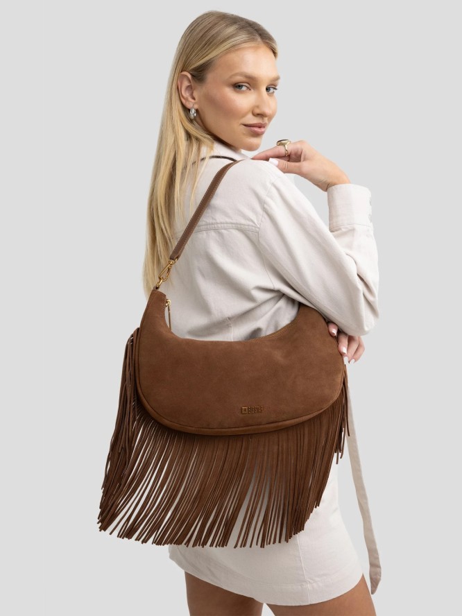 Torebka damska skórzana z frędzlami brązowa Arvia 803