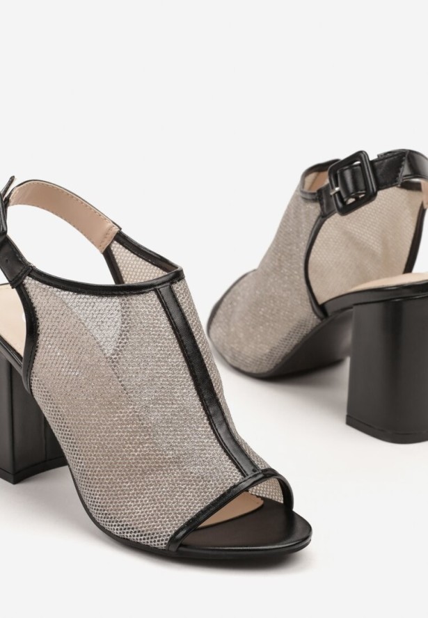 Czarne Brokatowe Sandały Typu Botki na Słupku z Paskiem z Klamerką Fintewia