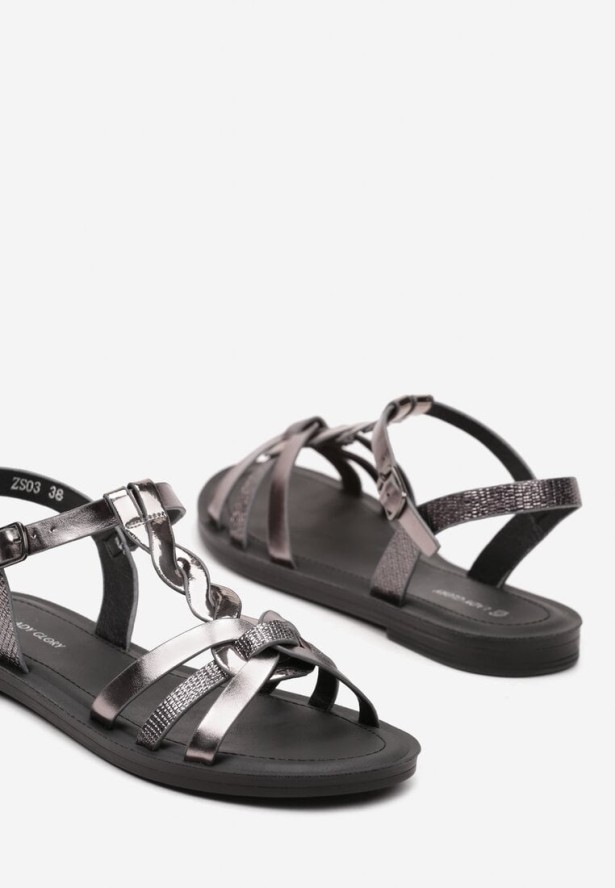 Czarne Płaskie Sandały z Imitacji Skóry Zapinane na Sprzączkę Obianna