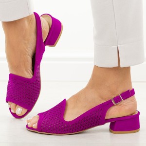 Fuksja ażurowe skórzane Polskie sandały damskie na obcasie Deoni D521C