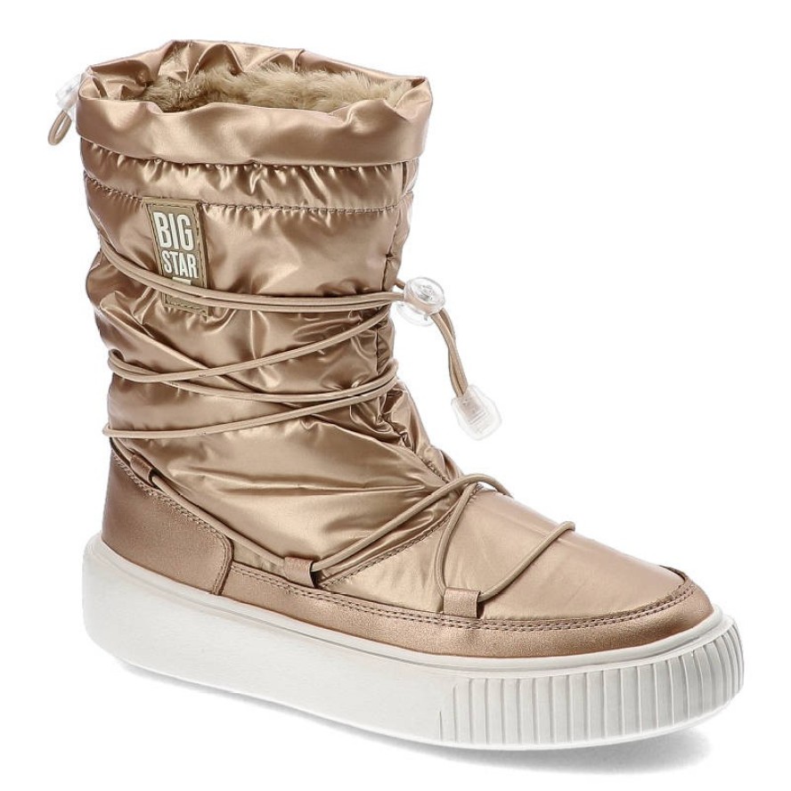Śniegowce damskie Big Star, z połączenia materiału tekstylnego i syntetycznego z pikowaną metaliczną cholewką regulowanym sznurowaniem, beżowe, KK274