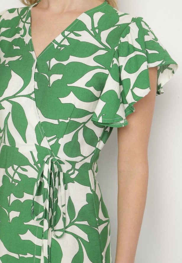 Jasnozielona Rozkloszowana Sukienka z Wiązaniem w Roślinny Wzór Janitaie