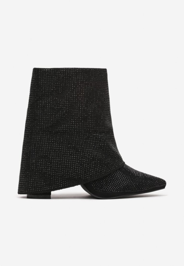 Czarne Eleganckie Botki z Cyrkoniami na Wywiniętej Cholewce Emiviraea