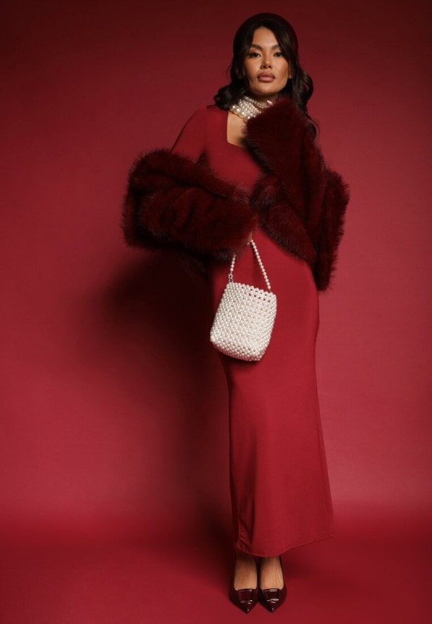 Bordowa Kurtka ze Sztucznego Futra Ozdobiona Kołnierzem Meriian