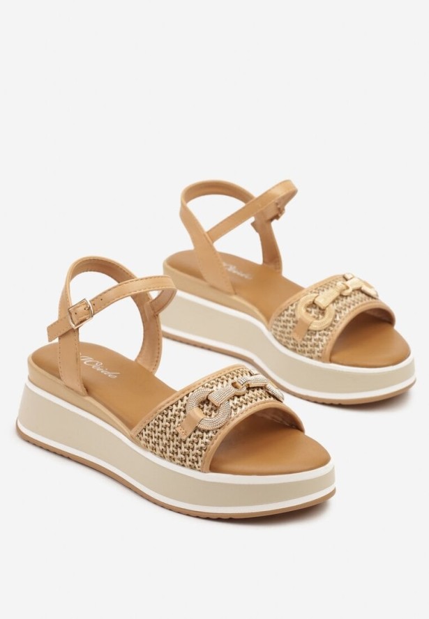 Ciemnobeżowe Sandały na Grubej Podeszwie z Plecioną Cholewką i Klamrą Zixana