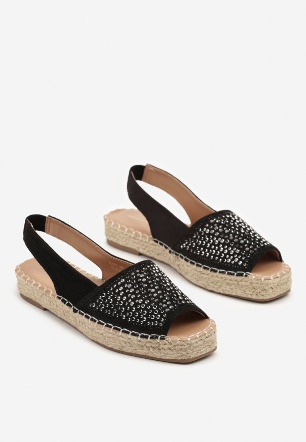 Czarne Sandały Typu Espadryle na Plecionej Podeszwie Zdobione Cyrkoniami Aneolena