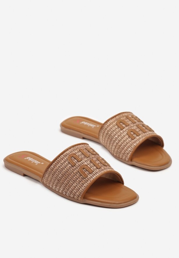 Brązowe Klapki na Płaskiej Podeszwie Zdobione Plecionką Zarivea