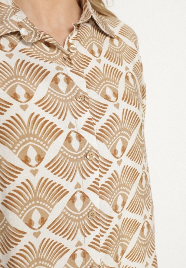 Beżowo-Brązowy Wiskozowy Komplet w Etniczny Wzór Koszula i Spodnie Desaviana