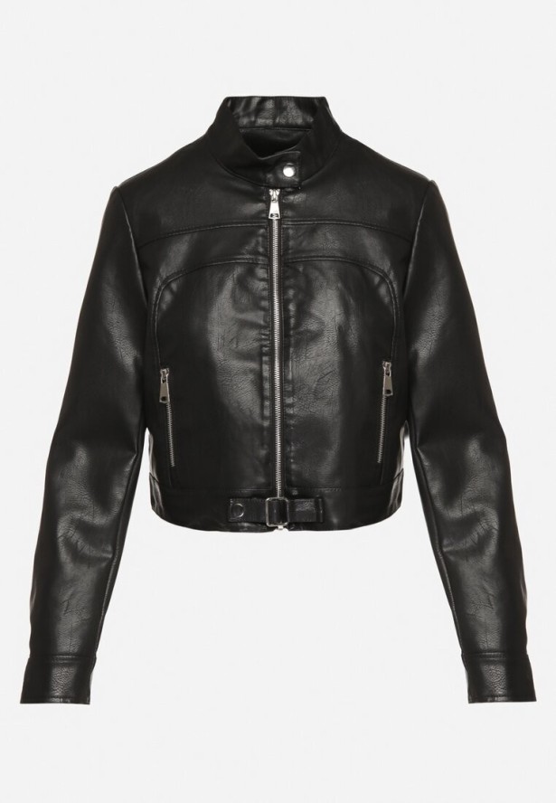 Czarna Kurtka Ramoneska w Motocyklowym Stylu z Klamerką Terlia