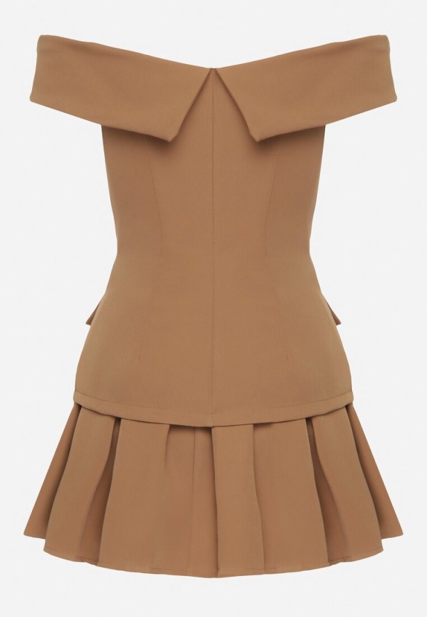 Brązowy Komplet Spódnica i Bluzka Hiszpanka z Guzikami i Imitacją Kieszeni Salendrea