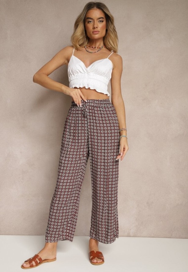 Czerwono-Szare Spodnie o Szerokim Kroju High Waist z Geometrycznym Wzorem Farisia