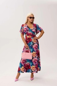 Sukienka kopertowa Valencia Peony MAXI z falującym rękawem i kobiecym dekoltem PLUS SIZE OVERSIZE WIOSNA LATO