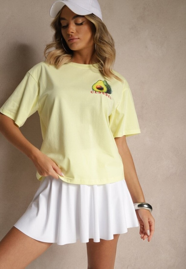 Żółty T-shirt z Bawełną ze Wzorem Awokado Tilannia