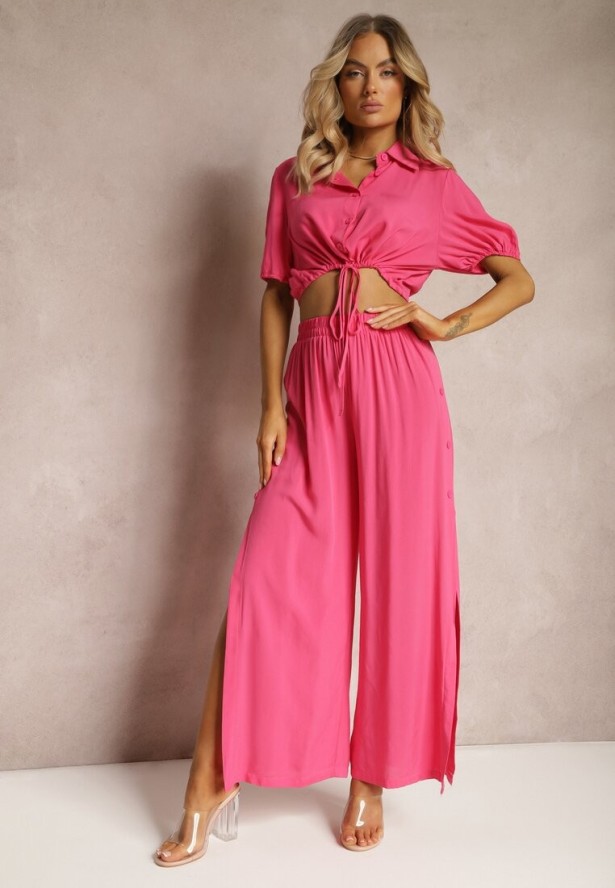 Fuksjowy Komplet z Bawełny w Stylu Utility Koszula i Szerokie Spodnie Veola