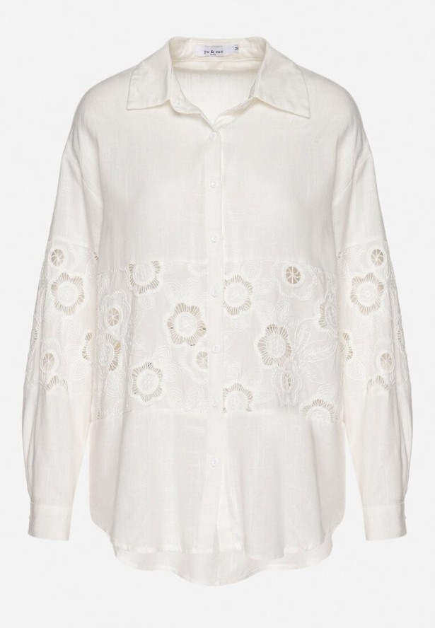 Biała Koszula z Lnem o Kroju Oversize z Ażurowymi Zdobieniami Dannilea