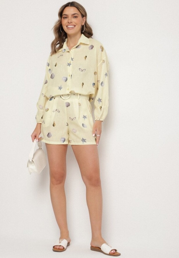 Żółty Komplet z Wiskozą Koszula i Szorty z Motywem Morskim Reivienne