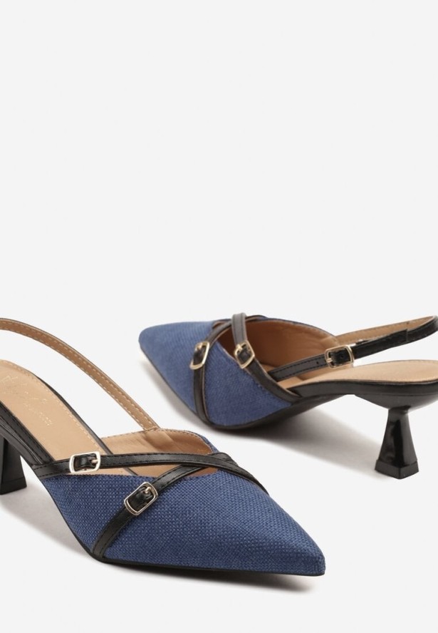 Niebiesko-Czarne Sandały Czółenka Slingback na Obcasie Kaczuszka z Paskami z Klamerkami Arivella