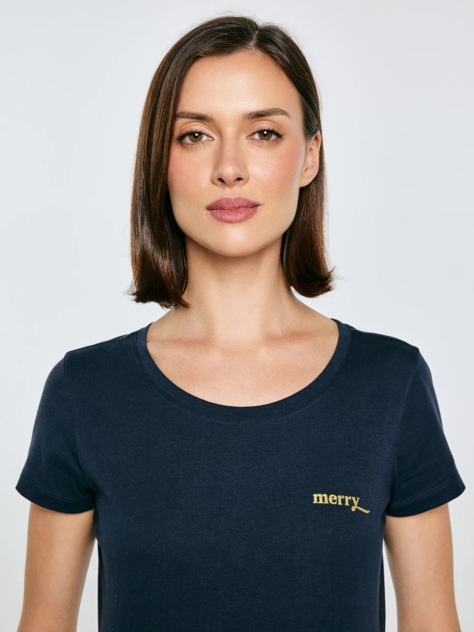 Koszulka damska z brokatowym nadrukiem granatowa Merra 403