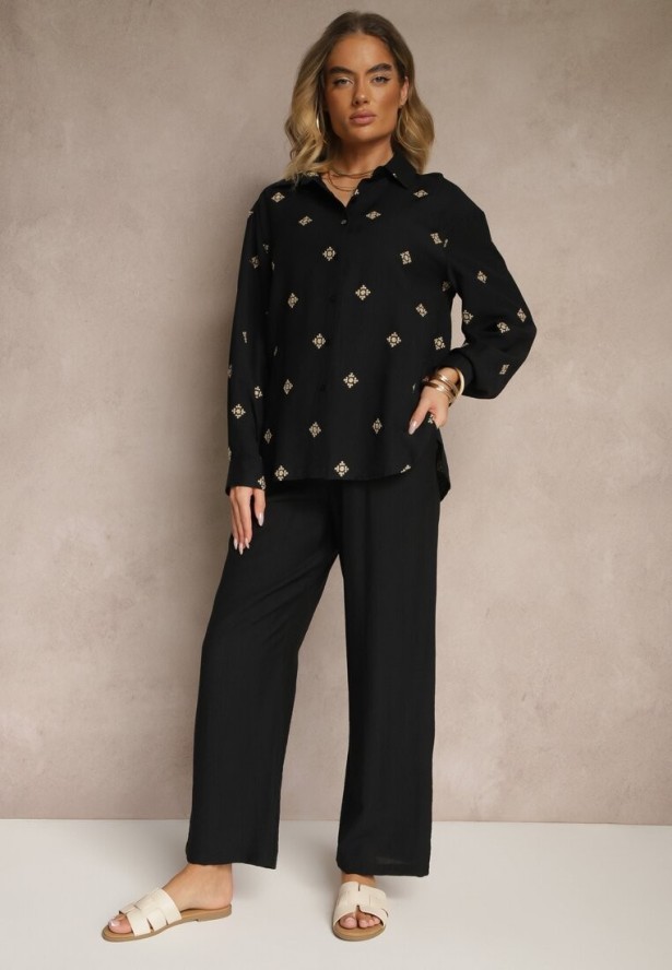 Czarny Wiskozowy Komplet Oversize Zdobiony Haftem Koszula i Spodnie Sadrianae