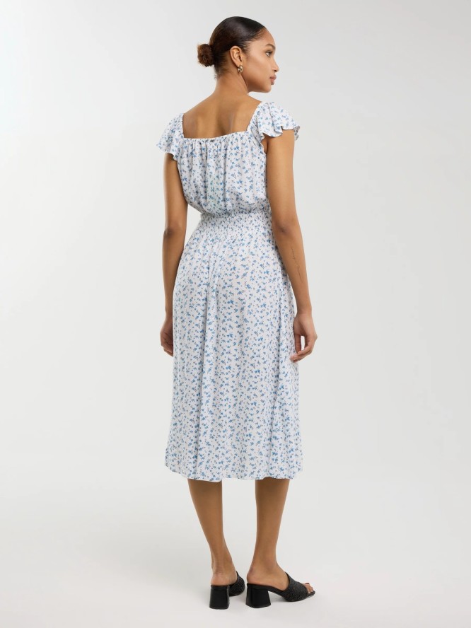 Sukienka damska midi z wiskozy z motywem kwiatowym biała Lopa 100