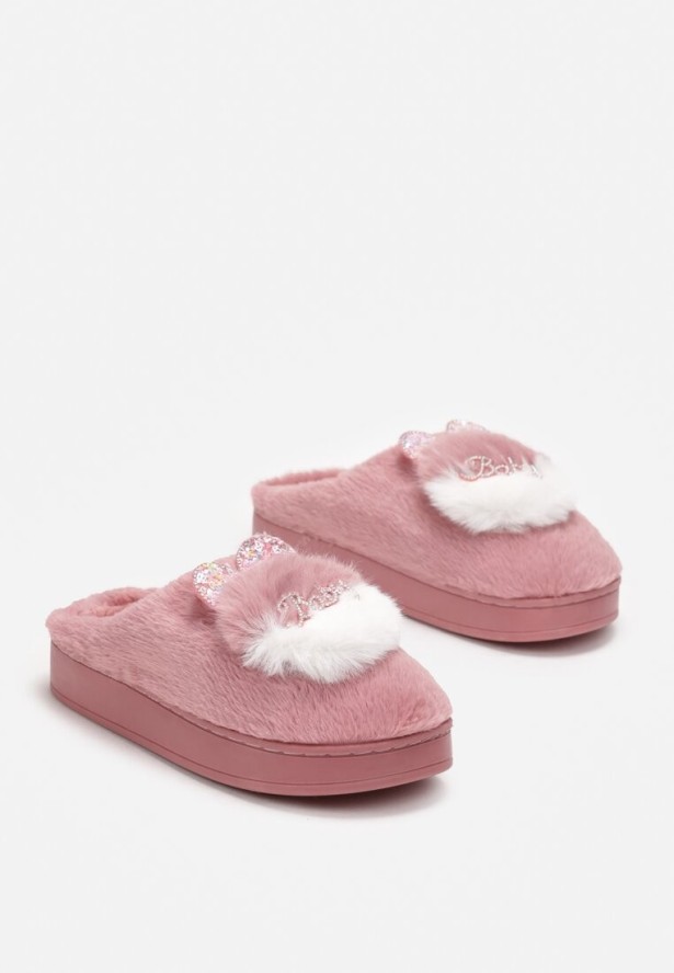 Różowe Płaskie Kapcie z Aplikacją 3D w Kształcie Króliczka Munere