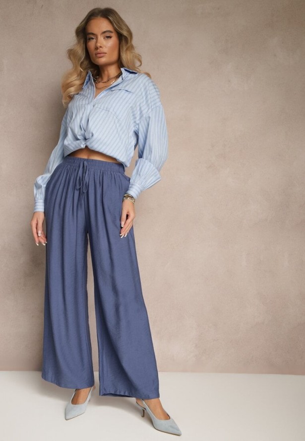 Granatowe Spodnie o Szerokim Kroju High Waist z Wiązaniem Fenalin