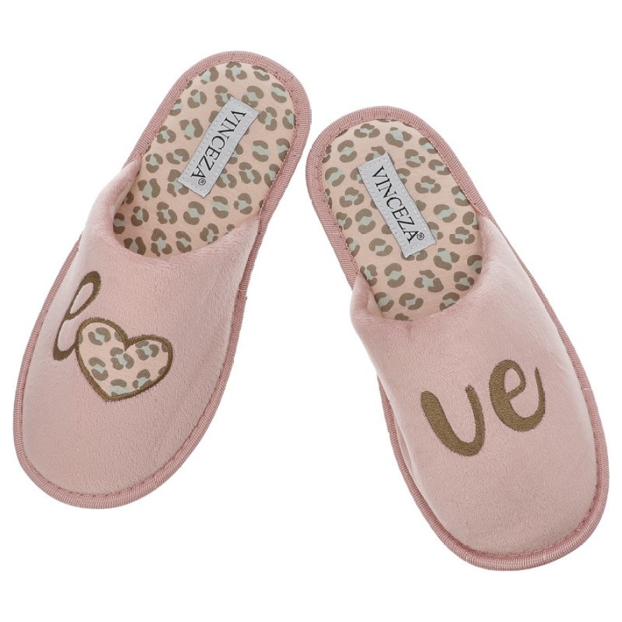 Kapcie damskie Vinceza, pantofle ocieplane z futerka z ozdobami, różowe, 19960-PN